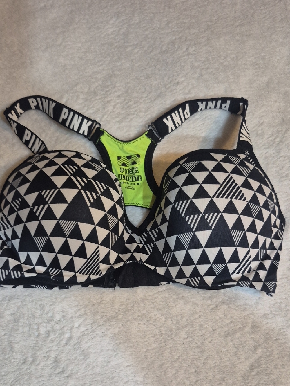 PINK Victoria's Secret Black & White Geometric Push-Up Bra with Neon Accent